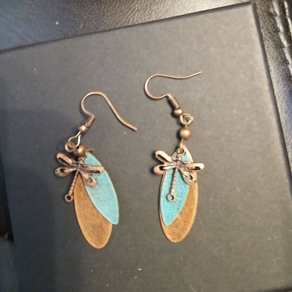 BOHO Dragonfly Earrings Copper Green Dangle Earrings